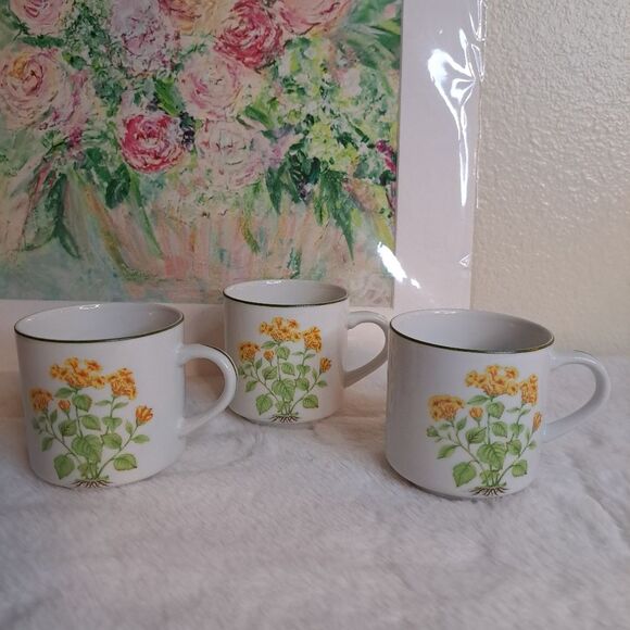 Three Vintage Japan Yellow Floral Ceramic Cups Decor Mid Century Modern - Picture 13 of 13
